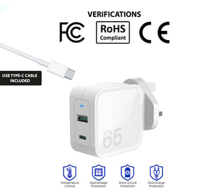 New AJP Adapter 65W USB Type-C QC 3.0 PD Fast Charging Dual Port Type Wall Charger Adapter White