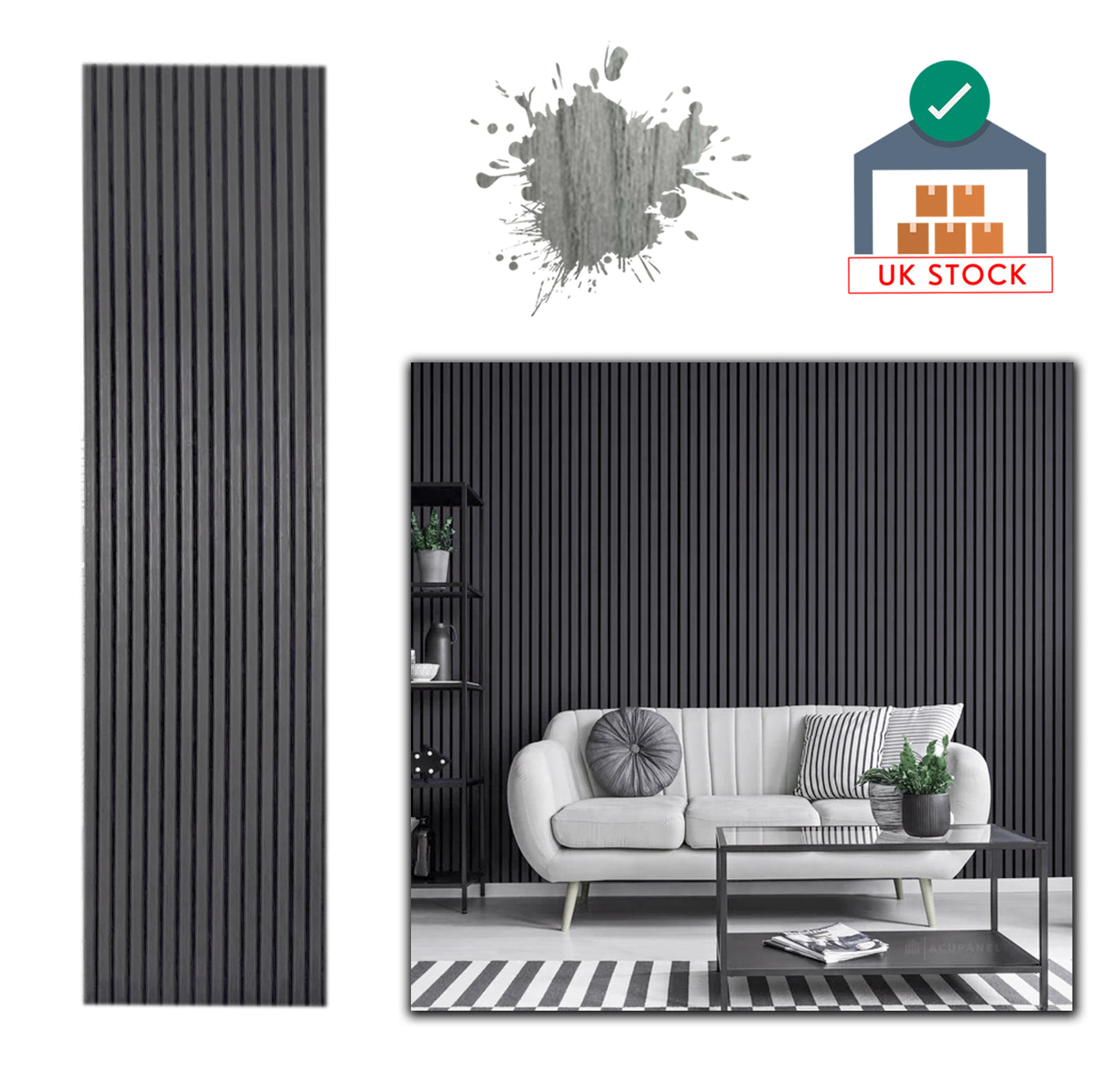 Acoustic Wood Slat Wall Panel - 240cm x 60cm - Light Black Colour