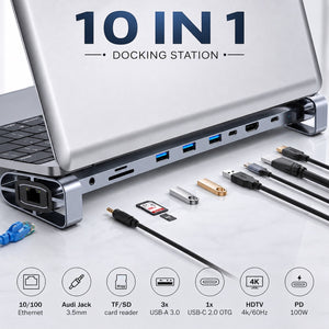 10-in-1 USB-C Docking Station & Laptop Stand Riser | 4K@60Hz HDMI, 100W PD Charging, Ethernet, 3x USB 3.0