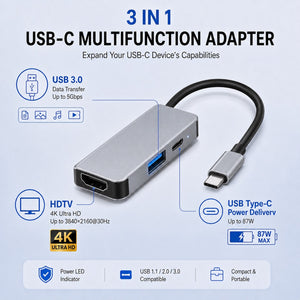 AJP 3-in-1 USB-C Multifunction Hub Adapter – 4K HDTV, USB 3.0 5Gbps & 87W PD Charging