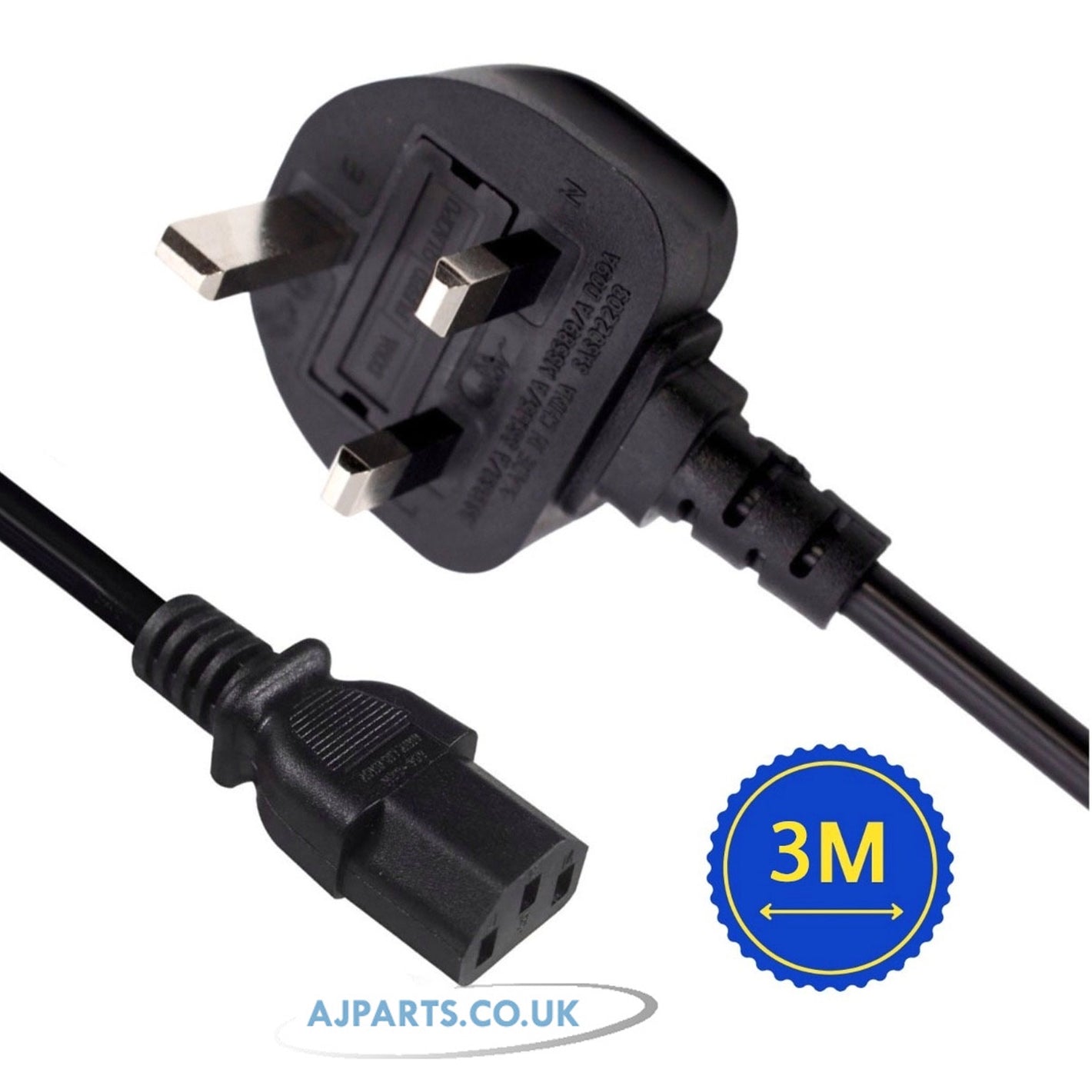 3M 5A UK 3-Pin Plug (M) to IEC C13 (F) Kettle Lead Power Cable Black Mains Power Cord