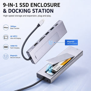 9-in-1 USB C M.2 SSD Enclosure Docking Station 10Gbps 4K HDMI 100W PD USB 3.2 SD TF RJ45 Ethernet
