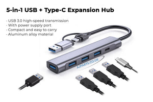 5-in-1 USB 3.0 Hub with USB-C Power Port, 4-Port High-Speed Data Splitter for Laptop & Mobile
