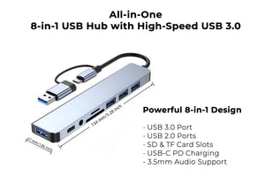 8-in-1 USB-C & USB Hub Adapter Multiport Dock with 5 USB Ports, SD/TF Card Reader, 3.5mm Audio & PD Fast Charging