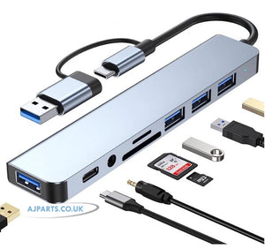 8-in-1 USB-C & USB Hub Adapter Multiport Dock with 5 USB Ports, SD/TF Card Reader, 3.5mm Audio & PD Fast Charging
