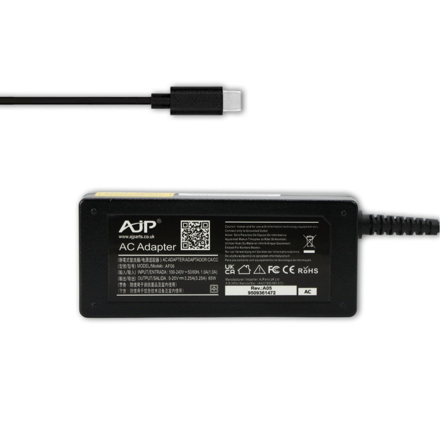 65W 5V/3A, 9V/3A , 15V/3A  20V/3.25A 65W Type-C Black AJP Replacement Laptop AC Adapter