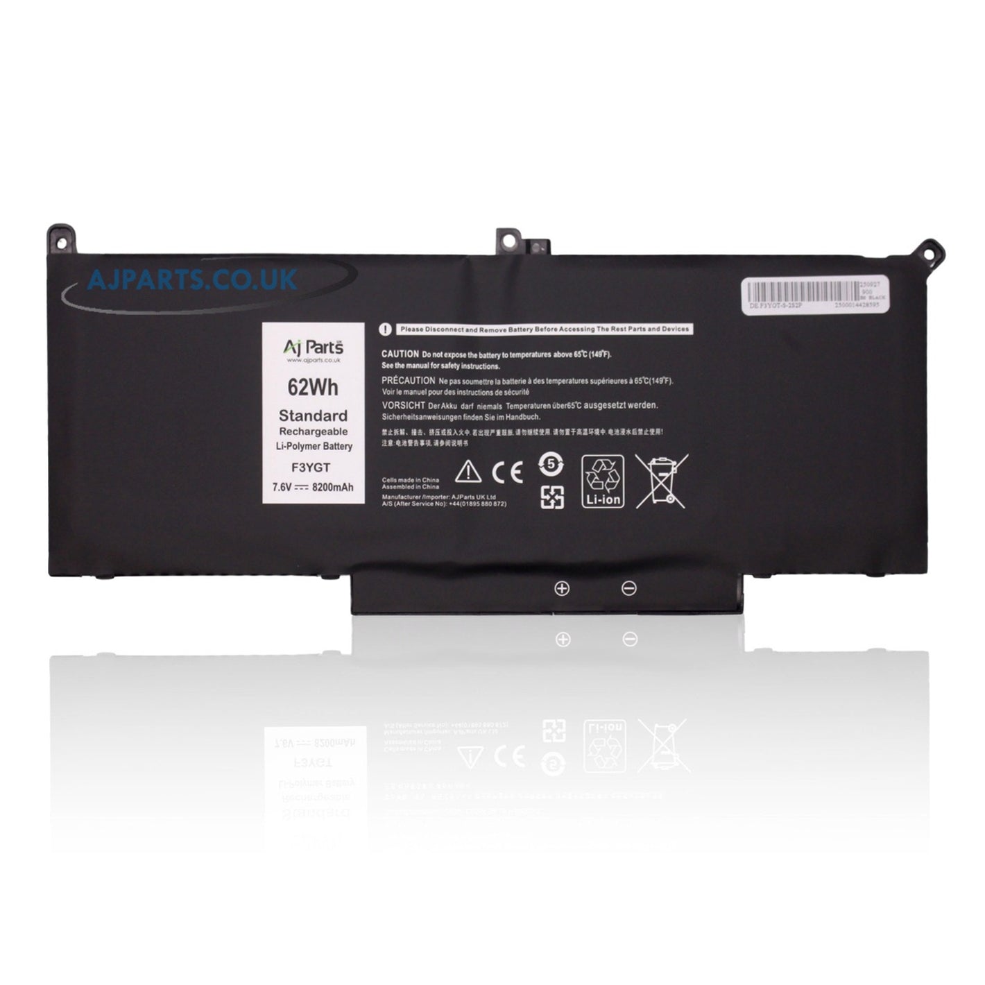 Dell Latitude F3YGT, F3YGT-S-2S2P 7.6V 8200mAh 62Wh 4-Cell Replacement AJP Laptop Battery