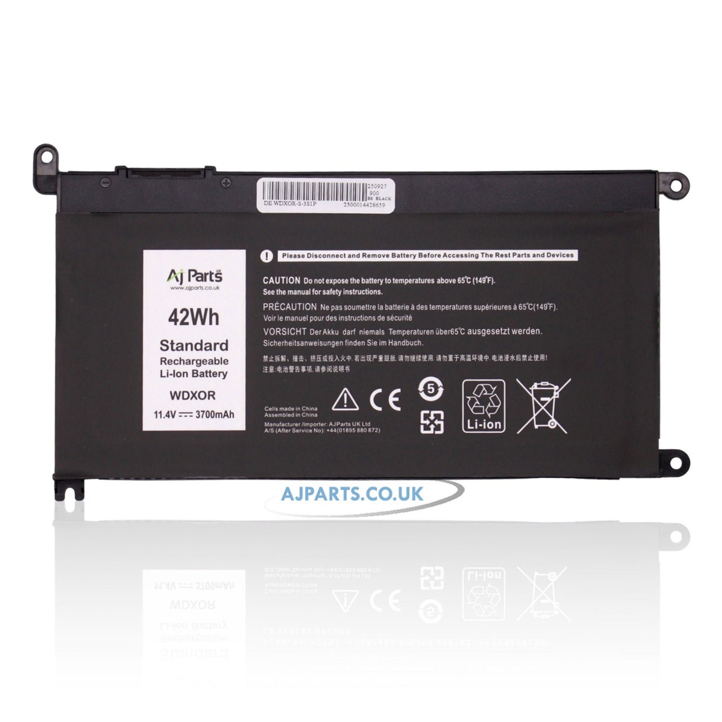 Dell WDXOR / WDXOR-S-3S1P 3-Cell 11.4V 42Wh 3700mAh Li-ion Replacement AJP Laptop Battery