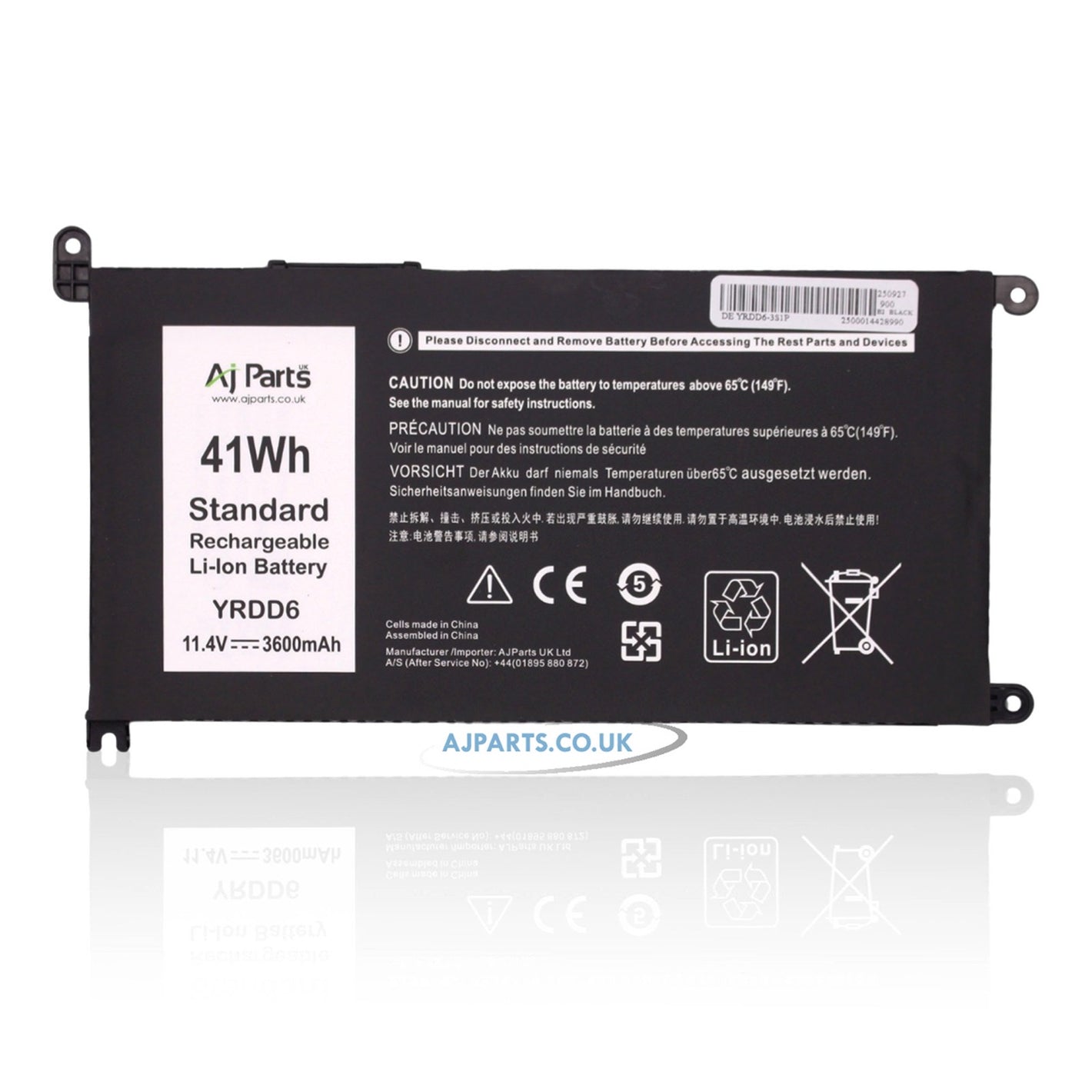 Dell YRDD6 / YRDD6-3S1P Li-ion 3-Cell 11.4V 3600mAh / 41Wh Replacement AJP Laptop Battery