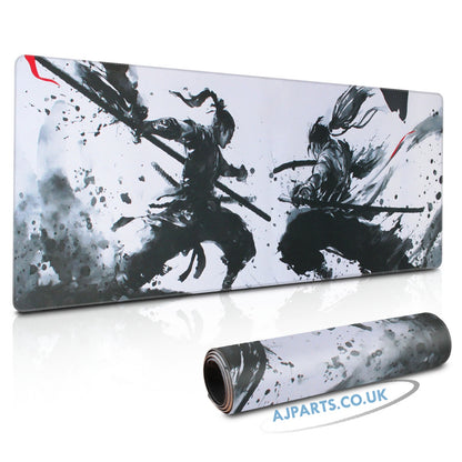Extended Large Gaming Mouse & Desk Mat 800×300×3mm – Samurai Duel Design with Anti-Fray Edges