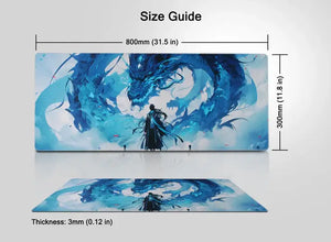 Large Gaming Mouse Pad – Blue Dragon & Warrior, Non-Slip Rubber Base, Durable Stitched Edges (800×300×3mm)