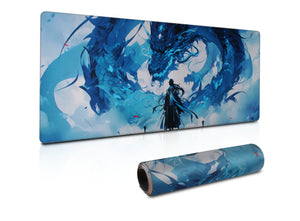Large Gaming Mouse Pad – Blue Dragon & Warrior, Non-Slip Rubber Base, Durable Stitched Edges (800×300×3mm)