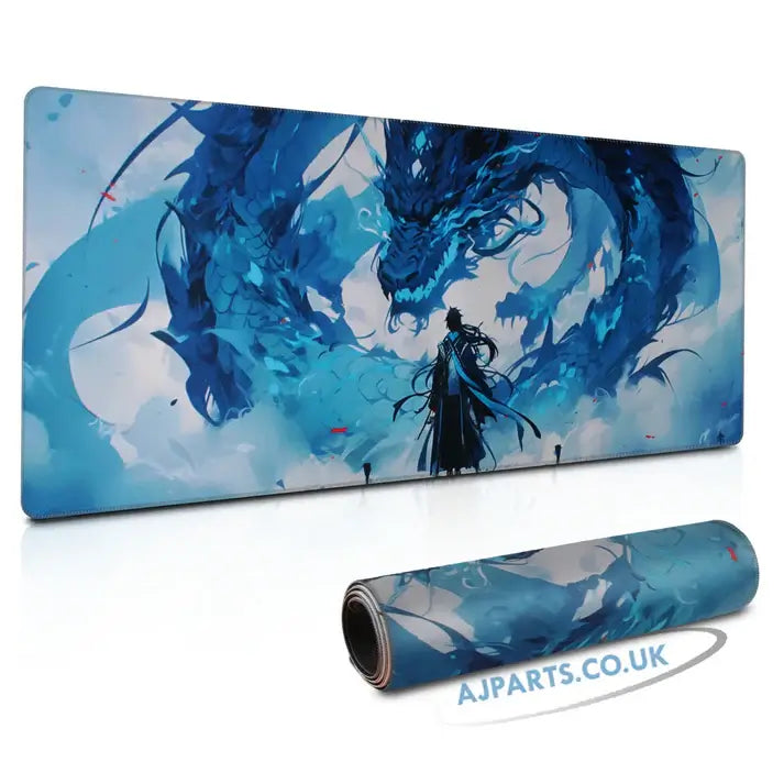 Large Gaming Mouse Pad – Blue Dragon & Warrior, Non-Slip Rubber Base, Durable Stitched Edges (800×300×3mm)