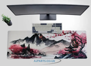 Large Gaming Mouse Pad – Scenic Mountain Cherry Blossom Design with Non-Slip Rubber Base