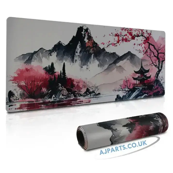 Large Gaming Mouse Pad – Scenic Mountain Cherry Blossom Design with Non-Slip Rubber Base