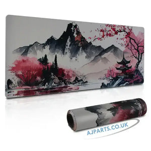 Large Gaming Mouse Pad – Scenic Mountain Cherry Blossom Design with Non-Slip Rubber Base