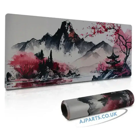 Large Gaming Mouse Pad – Scenic Mountain Cherry Blossom Design with Non-Slip Rubber Base