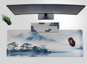 XL Gaming Mouse Pad Desk Mat – Chinese Mountain & River Landscape Print with Stitched Edges