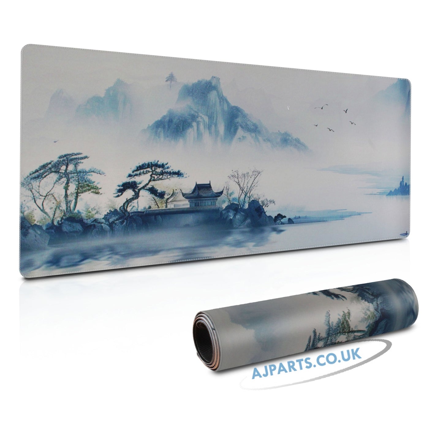 XL Gaming Mouse Pad Desk Mat – Chinese Mountain & River Landscape Print with Stitched Edges