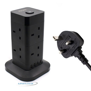 2 Meter Extension Lead with USB Slot Electric 4 Socket Power Cube Black - 2 USB-A Ports, 1 Type C Port, 8 UK Sockets