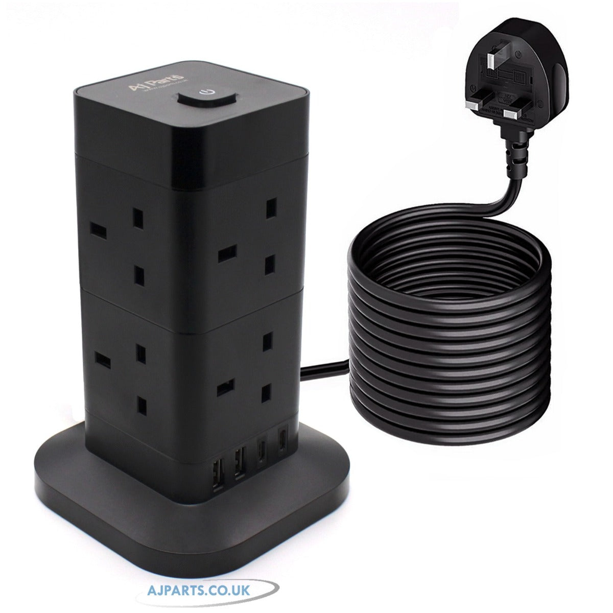 12-IN-1 Tower Extension Lead 8 UK Sockets 4 X USB Ports Extension Cable 2M Black