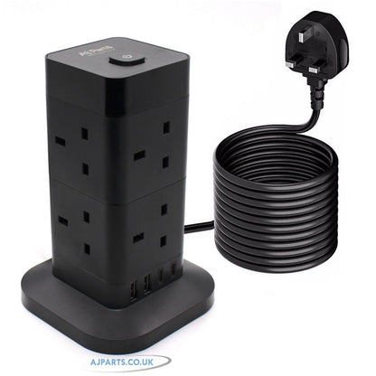 12-IN-1 Tower Extension Lead 8 UK Sockets 4 X USB Ports Extension Cable 2M Black