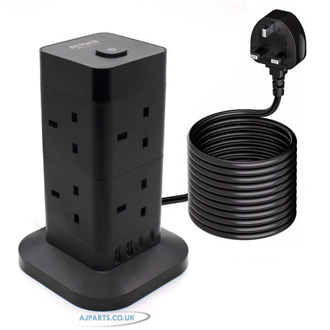 12-IN-1 Tower Extension Lead 8 UK Sockets 4 X USB Ports Extension Cable 2M Black