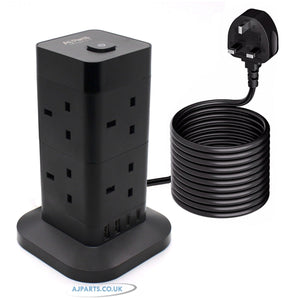 12 Way Tower Extension Lead with 4 USB Slots Power Strip with Surge Protection