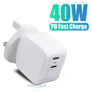 New AJP For 40W 2 Port USB Type-C Wall Plug Adapter Fast PD Universal Charger