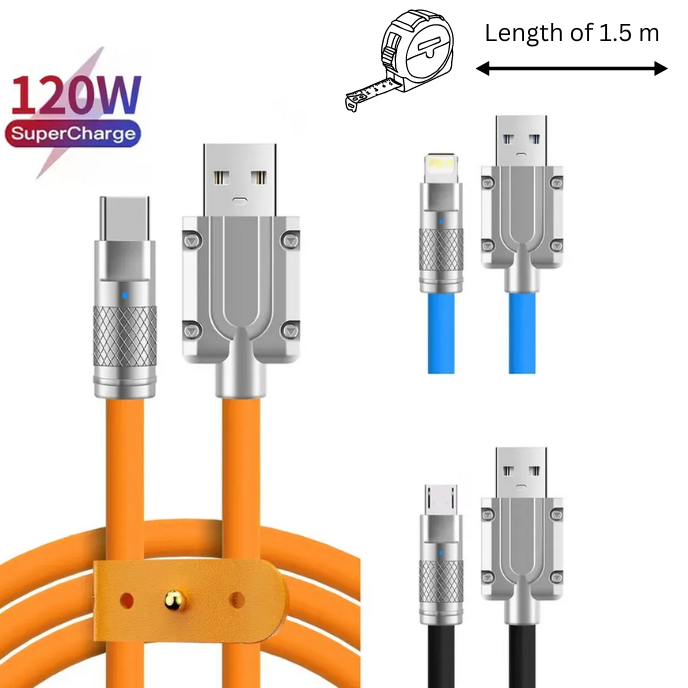 [ Pack of 10 ] - 1.5MTR - Fast Charging Cable  6A 120W  -  | USB | Type-C | Lightning