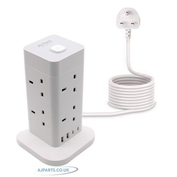 2 Meter Extension Lead with USB Slot Electric 4 Socket Power Cube White - 2 USB-A Ports, 1 Type C Port, 8 UK Sockets